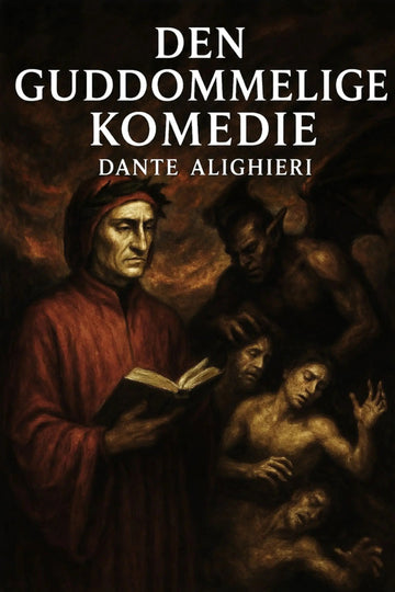 Book cover of 'Den guddommelige komedie' by Dante Alighieri with a dark, dramatic scene.