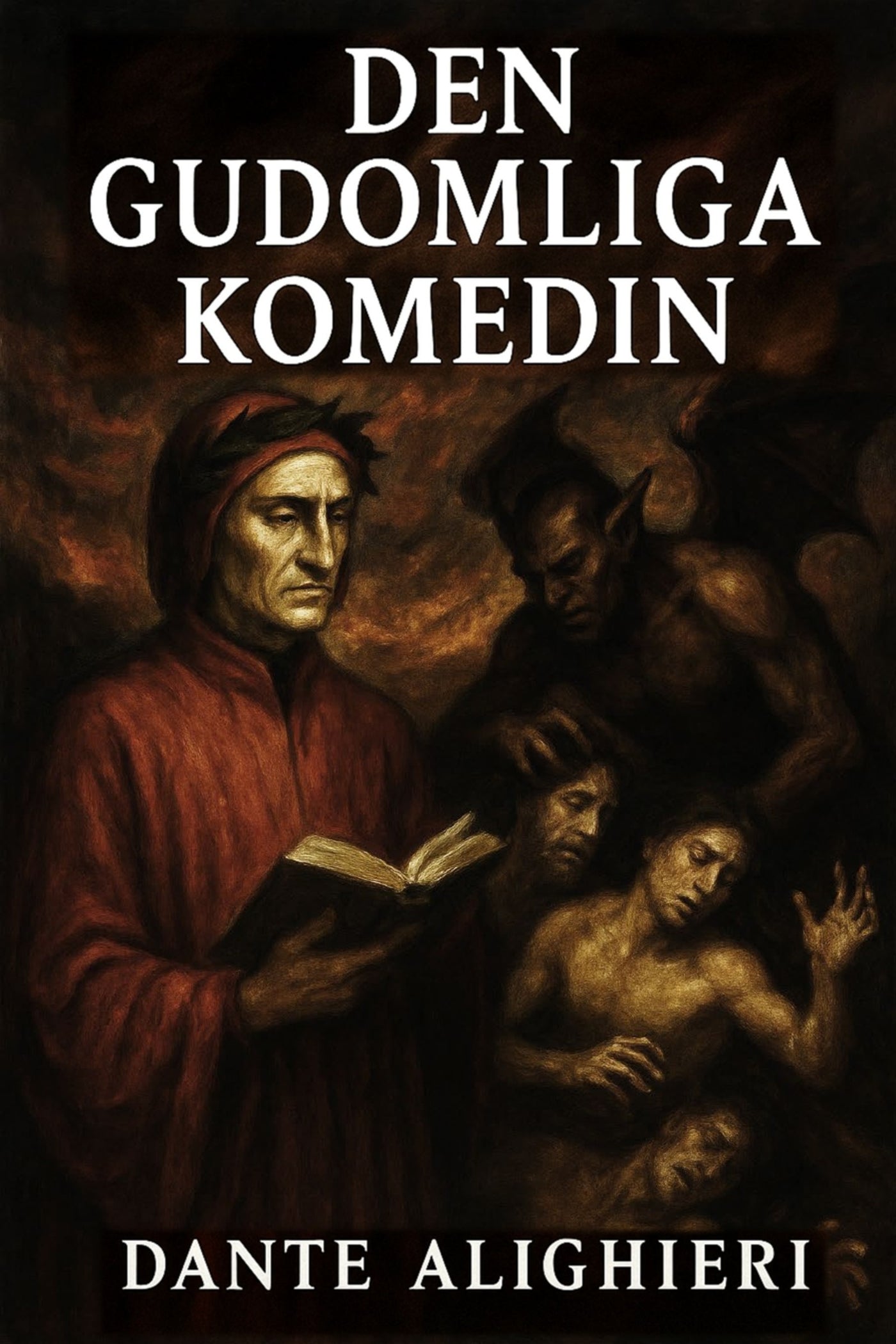Book cover of 'Den gudomliga komedin' by Dante Alighieri with a dark, dramatic scene.