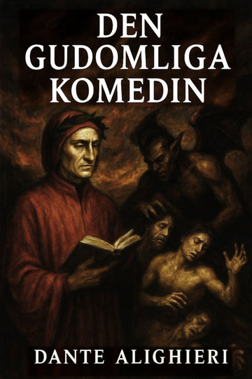 Book cover of 'Den gudomliga komedin' by Dante Alighieri with a dark, dramatic scene.