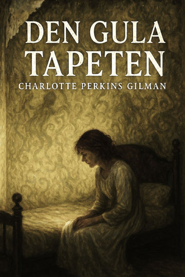 Book cover of 'Den gula tapeten' by Charlotte Perkins Gilman with a woman sitting on a bed.