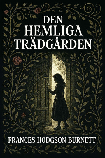 Book cover of 'Den hemliga trädgården' with a silhouette of a girl opening a door.