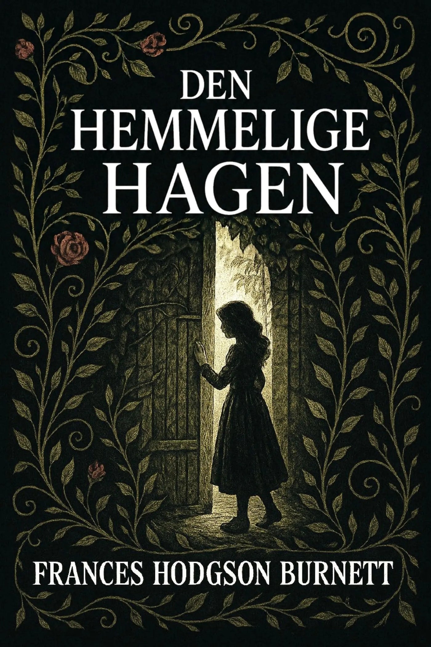 Book cover of 'Den hemmelige hagen' with a silhouette of a girl and decorative text.