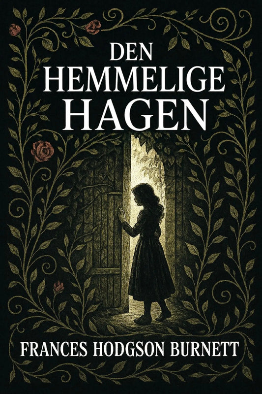 Book cover of 'Den hemmelige hagen' with a silhouette of a girl and decorative text.