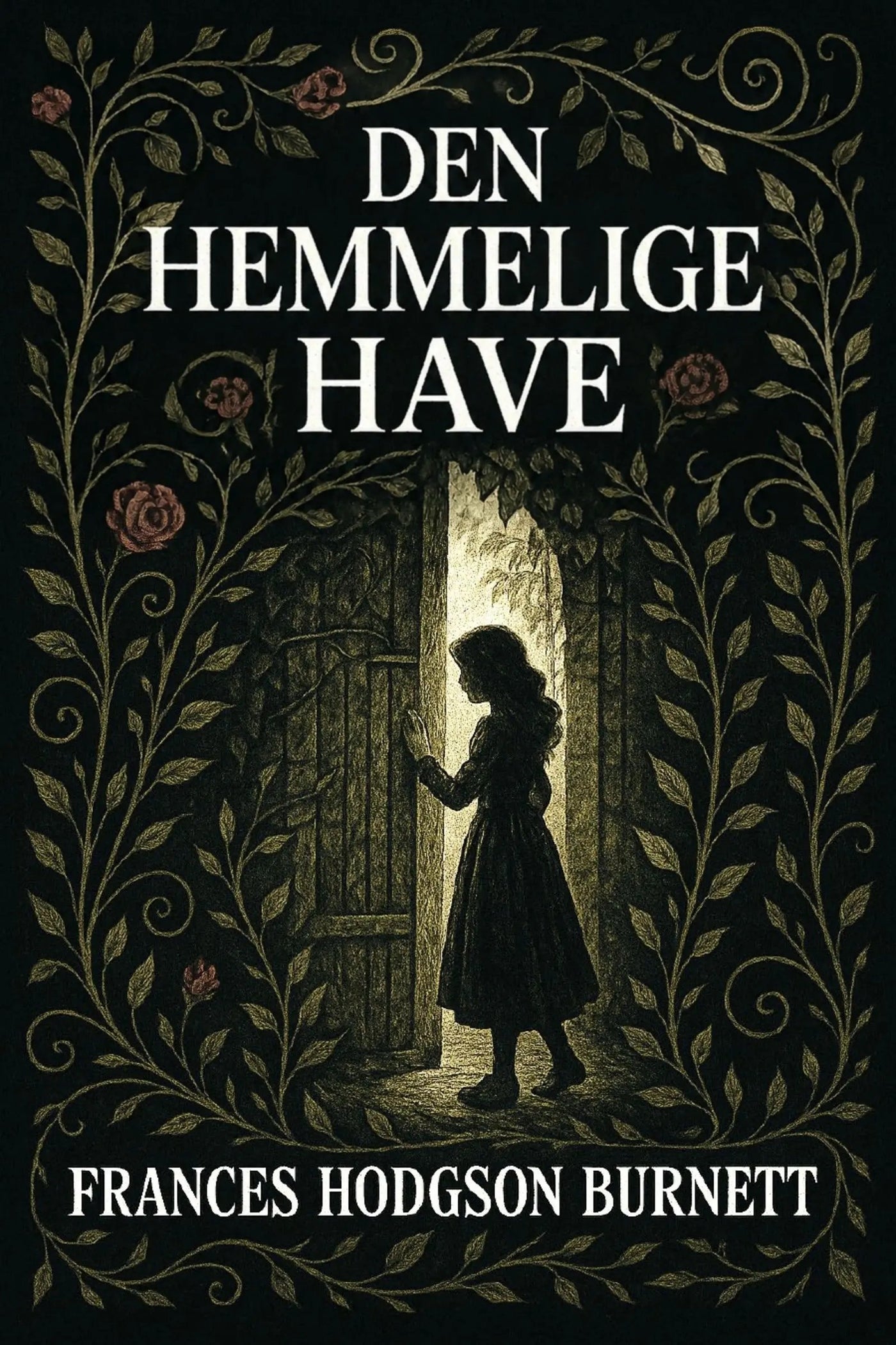 Book cover for 'Den hemmelige have' by Frances Hodgson Burnett, featuring a dark gothic illustration of a young girl standing in a doorway framed by ornate foliage and roses on a black background.