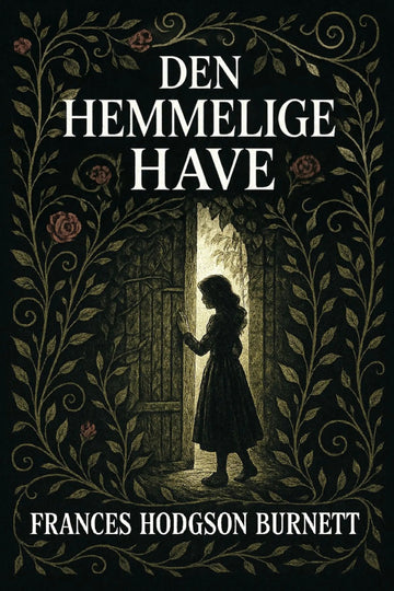 Book cover for 'Den hemmelige have' by Frances Hodgson Burnett, featuring a dark gothic illustration of a young girl standing in a doorway framed by ornate foliage and roses on a black background.