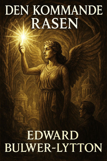 Book cover of 'Den kommande rasen' by Edward Bulwer-Lytton featuring an angelic figure with a bright light.