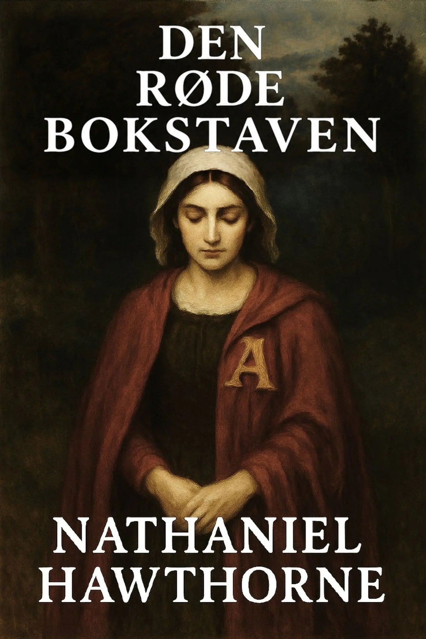 Book cover of 'Den røde bokstaven' by Nathaniel Hawthorne with a woman in a red cloak and hood.
