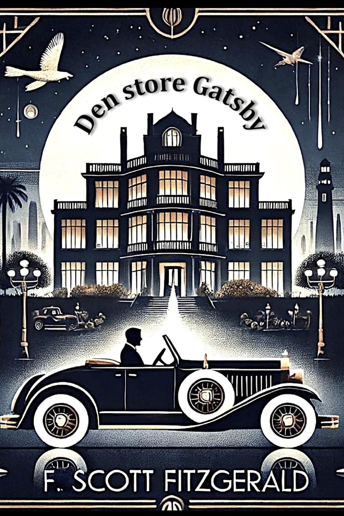 Book cover of 'Den store Gatsby' with a vintage car and mansion illustration.