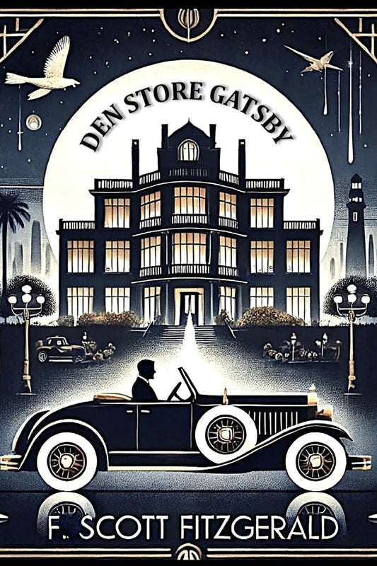 Book cover of 'Den store Gatsby' with a vintage car and mansion illustration.