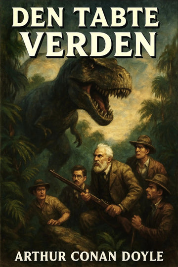 Book cover for 'Den tabte verden' by Arthur Conan Doyle, featuring an illustration of a large dinosaur rising from a jungle while four men in period clothing look upward.