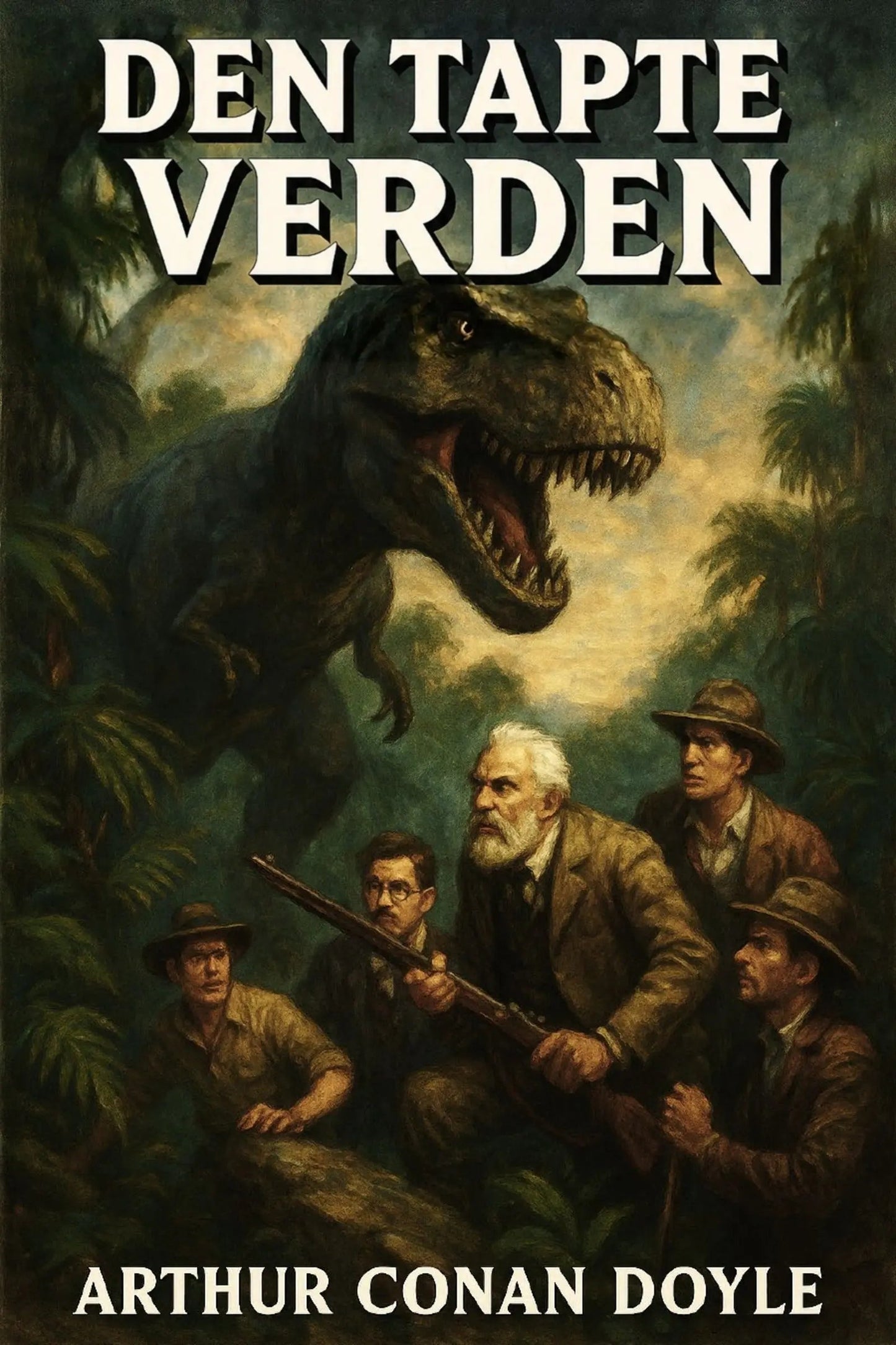 Book cover of 'Den tapte verden' by Arthur Conan Doyle featuring a dinosaur and men in a jungle setting.