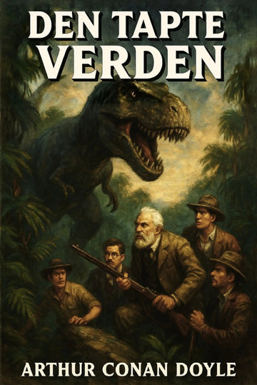 Book cover of 'Den tapte verden' by Arthur Conan Doyle featuring a dinosaur and men in a jungle setting.
