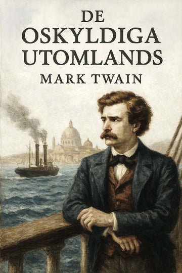 Book cover of 'De oskyldiga utomlands' by Mark Twain with a man on a ship and cityscape.