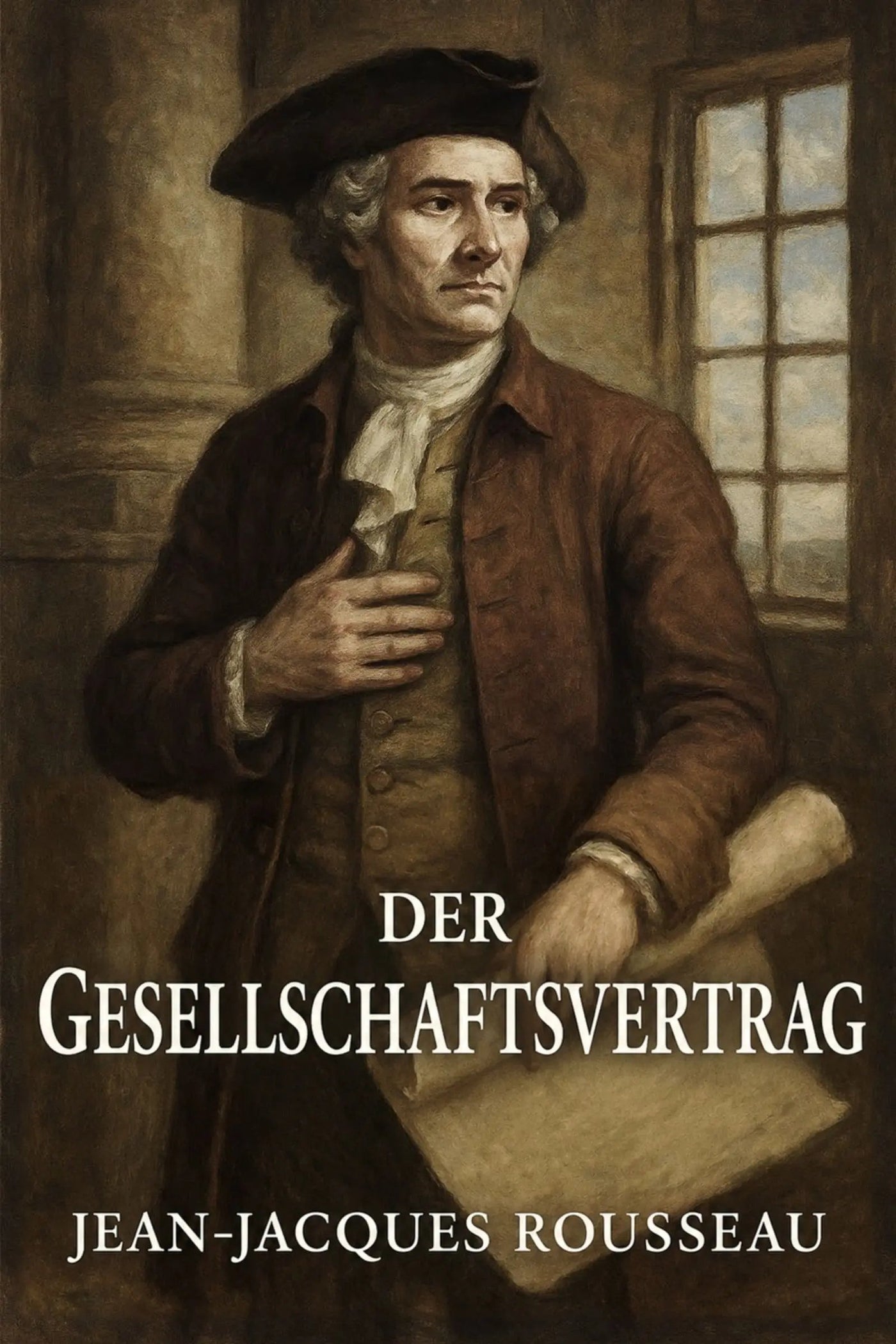 Book cover for 'Der Gesellschaftsvertrag' by Jean-Jacques Rousseau, featuring a painted portrait of Rousseau in historical attire against a dim interior background with a window.