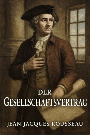 Book cover for 'Der Gesellschaftsvertrag' by Jean-Jacques Rousseau, featuring a painted portrait of Rousseau in historical attire against a dim interior background with a window.