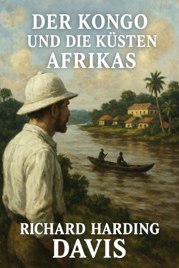 Book cover for 'Der Kongo und die Küsten Afrikas' by Richard Harding Davis, featuring a painted scene of a man in a pith helmet looking toward a river with a boat and coastal buildings.