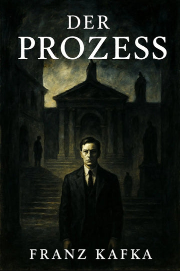 Book cover for 'Der Prozess' by Franz Kafka, featuring a dark, moody illustration of a man in a suit standing in front of a classical building, with the title and author name in white text.