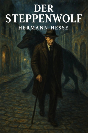 Book cover for 'Der Steppenwolf' by Hermann Hesse, featuring an illustrated dark street scene with a man in a trench coat and hat walking with a cane, accompanied by a large black wolf behind him.