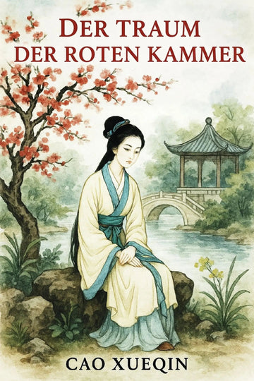 Book cover for 'Der Traum der Roten Kammer' by Cao Xueqin, featuring an illustrated seated woman in traditional robes beside a flowering tree and a pagoda by a river.