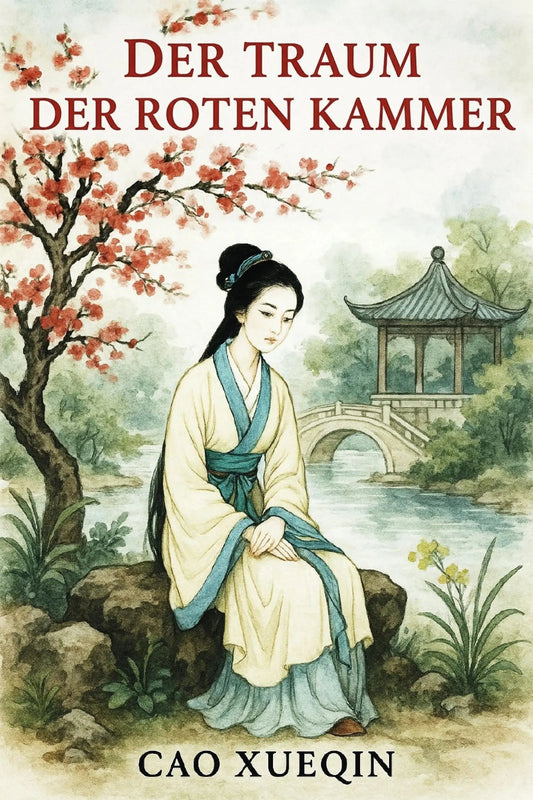 Book cover for 'Der Traum der Roten Kammer' by Cao Xueqin, featuring an illustrated seated woman in traditional robes beside a flowering tree and a pagoda by a river.