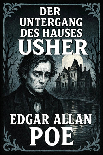 German book cover for 'Der Untergang des Hauses Usher' by Edgar Allan Poe, featuring a dark gothic illustration of a man's portrait and a haunted house under a full moon.