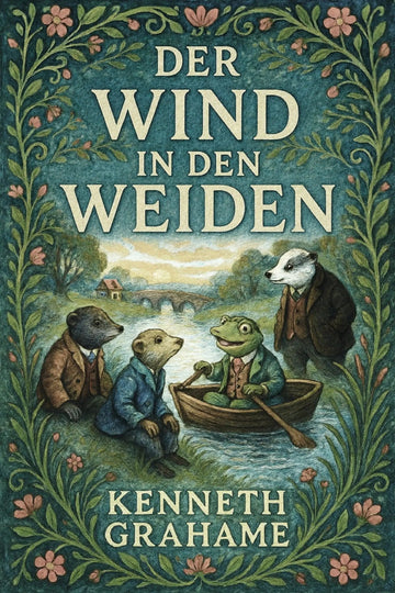 Book cover for 'Der Wind in den Weiden' by Kenneth Grahame, featuring an illustrated scene of four anthropomorphic animals rowing in a river, framed by a floral vine border with cream title and author text.
