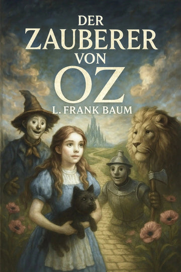 Book cover for 'Der Zauberer von Oz' by L. Frank Baum, featuring an illustrated scene with Dorothy, the Scarecrow, Tin Man, Cowardly Lion, and Black Cat on a stone path under a cloudy sky.