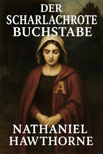 Book cover for 'Der scharlachrote Buchstabe' by Nathaniel Hawthorne, featuring a classical painting of a woman in a red cloak with a gold letter 'A' on her chest, set against a dark background with white title and author text.