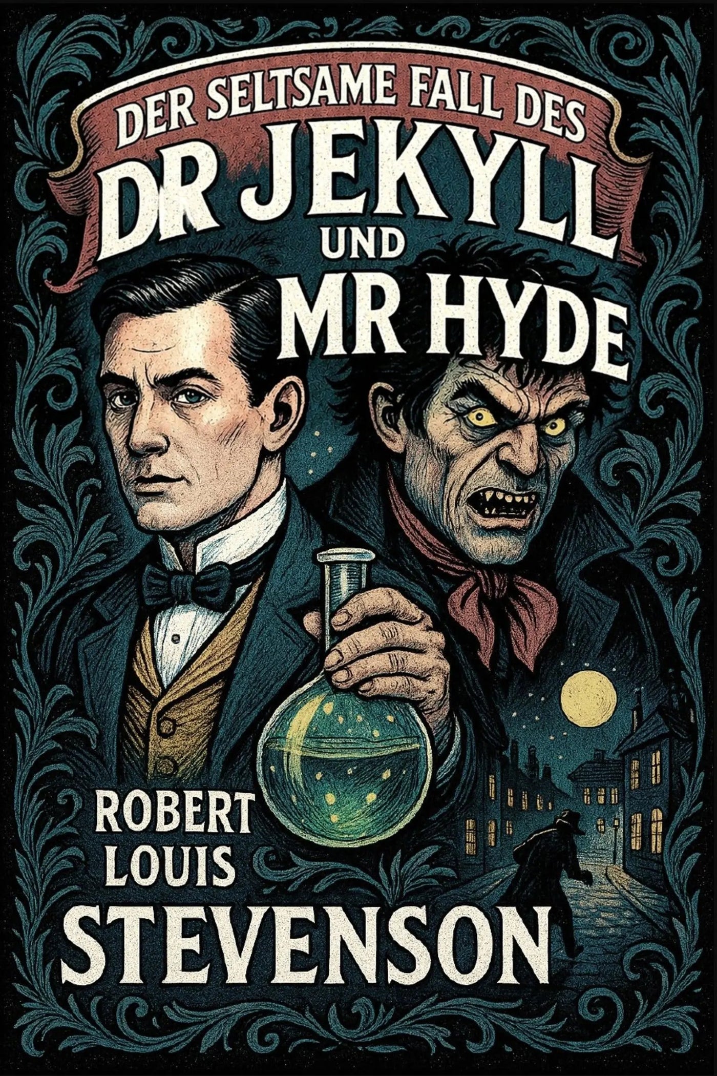 Book cover for 'Der seltsame Fall des Dr Jekyll und Mr Hyde' by Robert Louis Stevenson, featuring illustrated portraits of Dr Jekyll and Mr Hyde with a flask and gothic city scene.