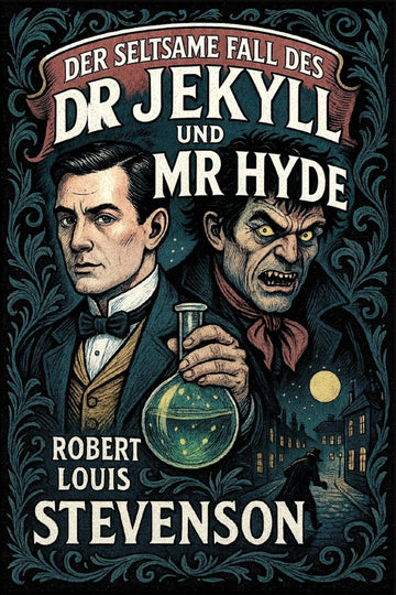 Book cover for 'Der seltsame Fall des Dr Jekyll und Mr Hyde' by Robert Louis Stevenson, featuring illustrated portraits of Dr Jekyll and Mr Hyde with a flask and gothic city scene.