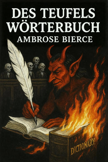 Book cover for 'Des Teufels Wörterbuch' by Ambrose Bierce, featuring a dark illustration of a horned demon writing in a dictionary with a large feather quill, flames, and skulls in the background.