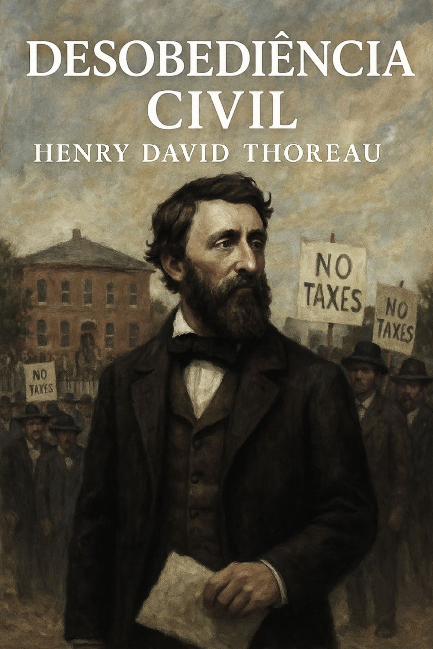 Book cover of 'Desobediência civil' by Henry David Thoreau with a man holding a document and protesters in the background.