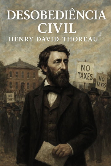 Book cover of 'Desobediência civil' by Henry David Thoreau with a man holding a document and protesters in the background.