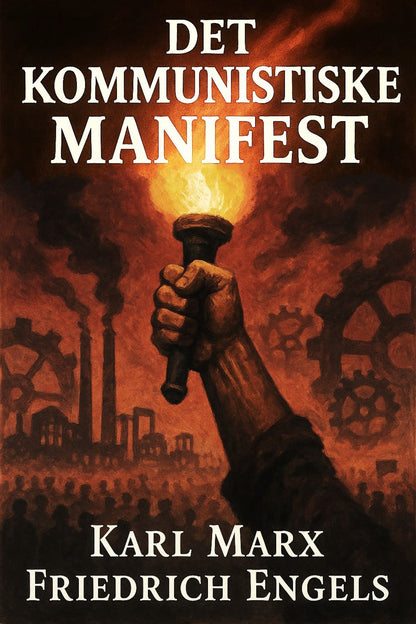Book cover of 'Det Kommunistiske Manifest' with a hand holding a light bulb against an industrial background.