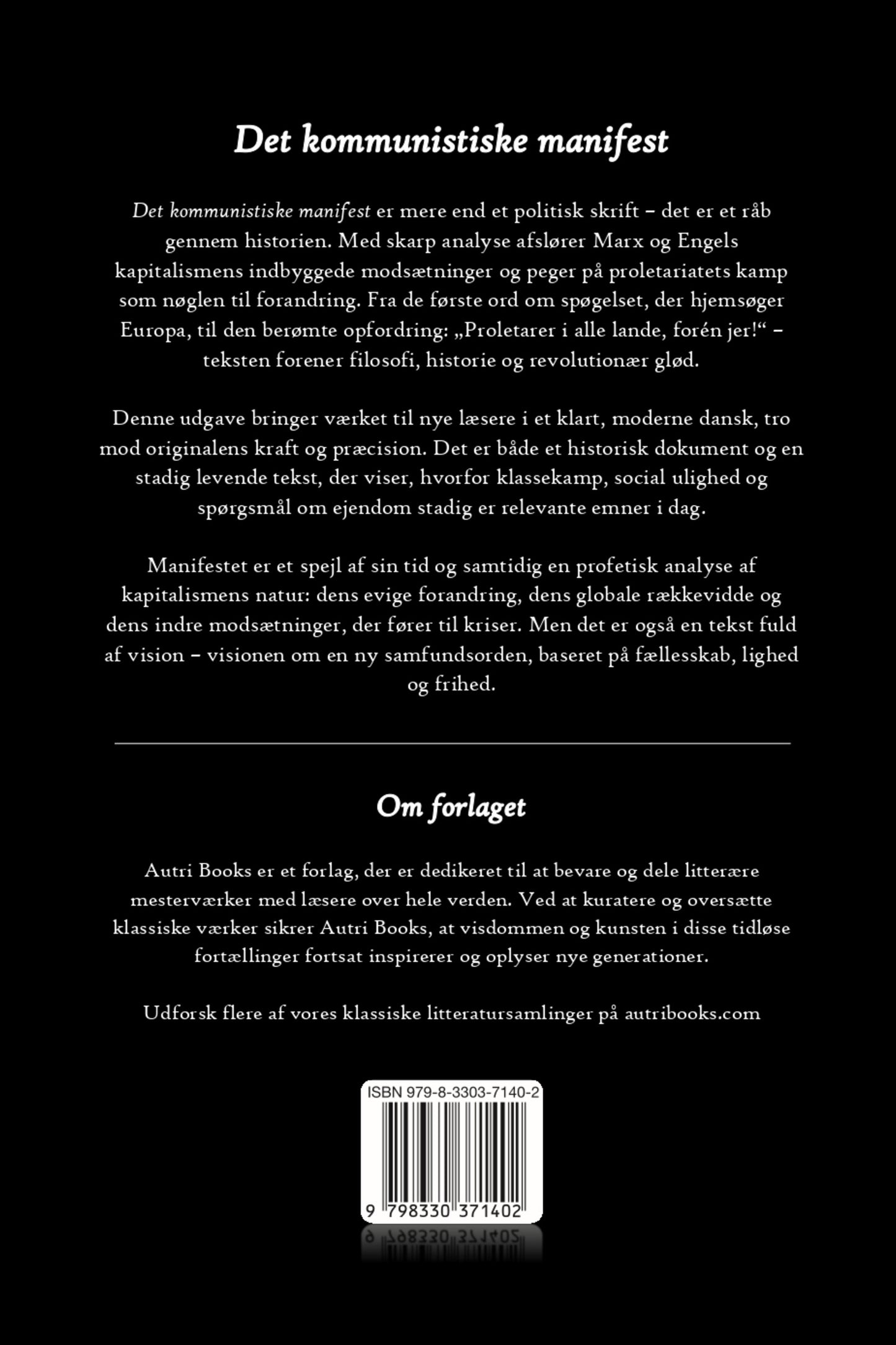 Back cover of a book titled 'Det kommunistiske manifest' with text and a logo.