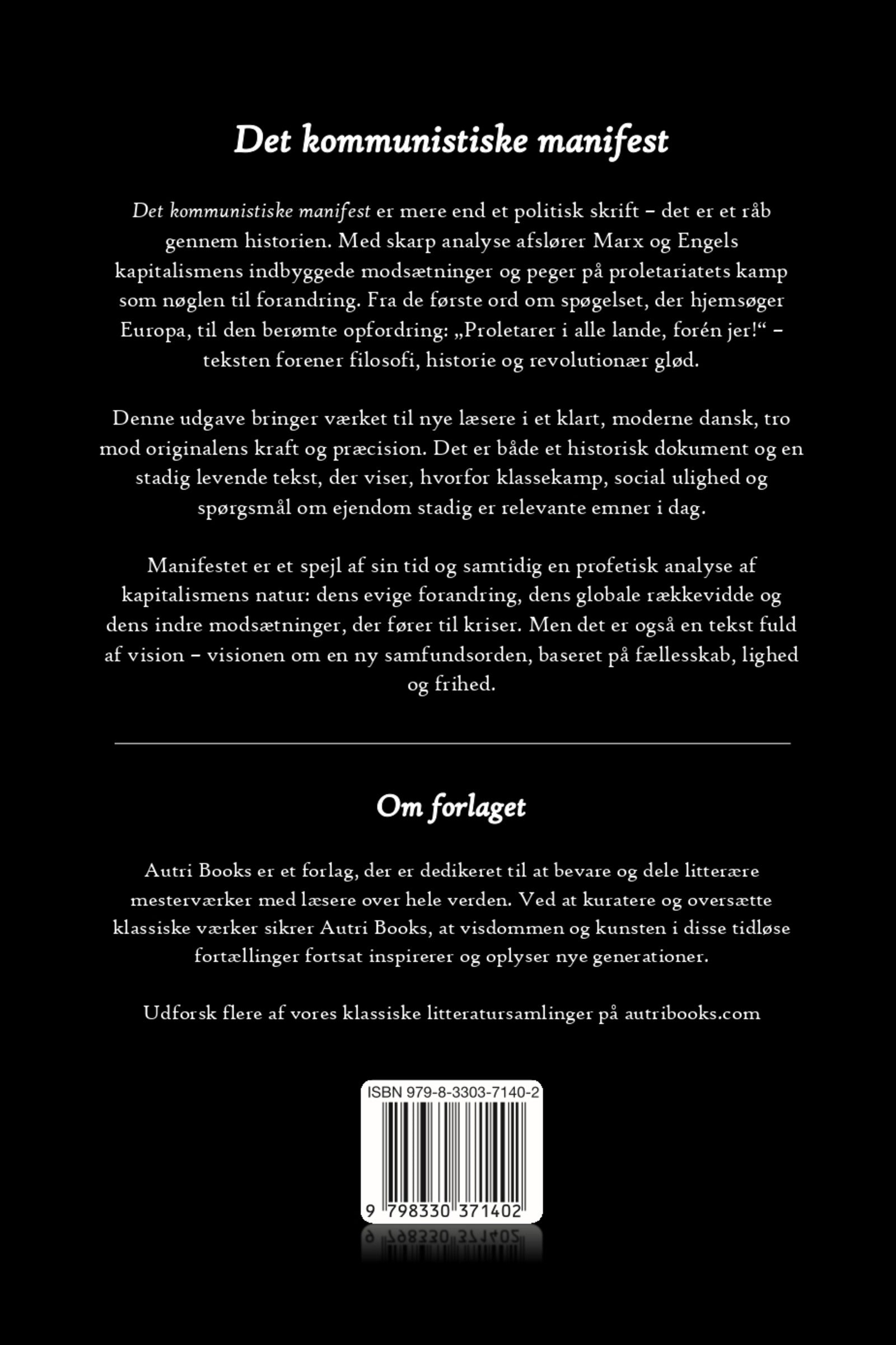 Back cover of a book titled 'Det kommunistiske manifest' with text and a logo.