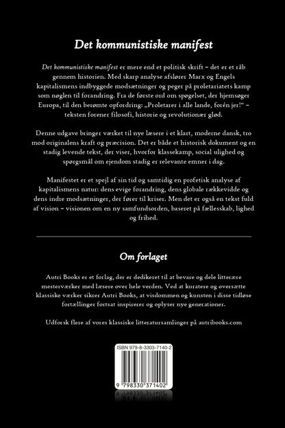 Back cover of a book titled 'Det kommunistiske manifest' with text and a logo.