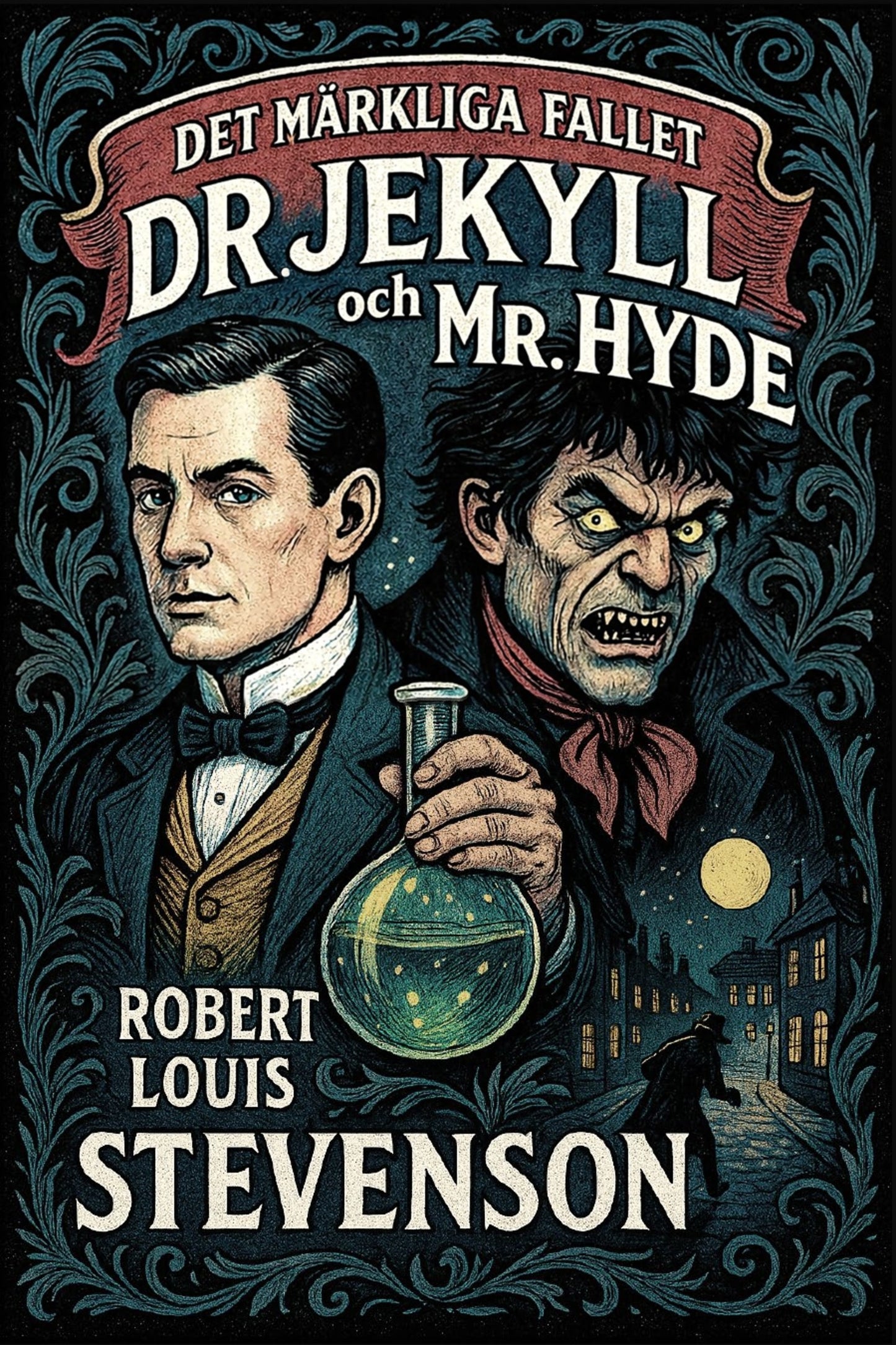 Book cover of 'Det märkliga fallet Dr. Jekyll och Mr. Hyde' by Robert Louis Stevenson with illustrations of Dr Jekyll and Hyde.