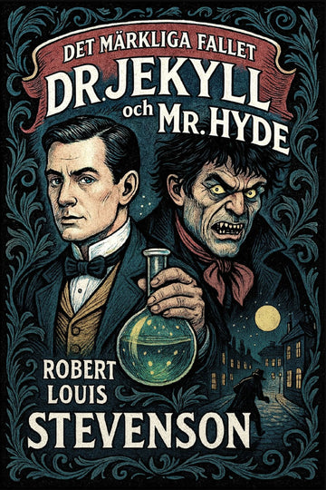 Book cover of 'Det märkliga fallet Dr. Jekyll och Mr. Hyde' by Robert Louis Stevenson with illustrations of Dr Jekyll and Hyde.