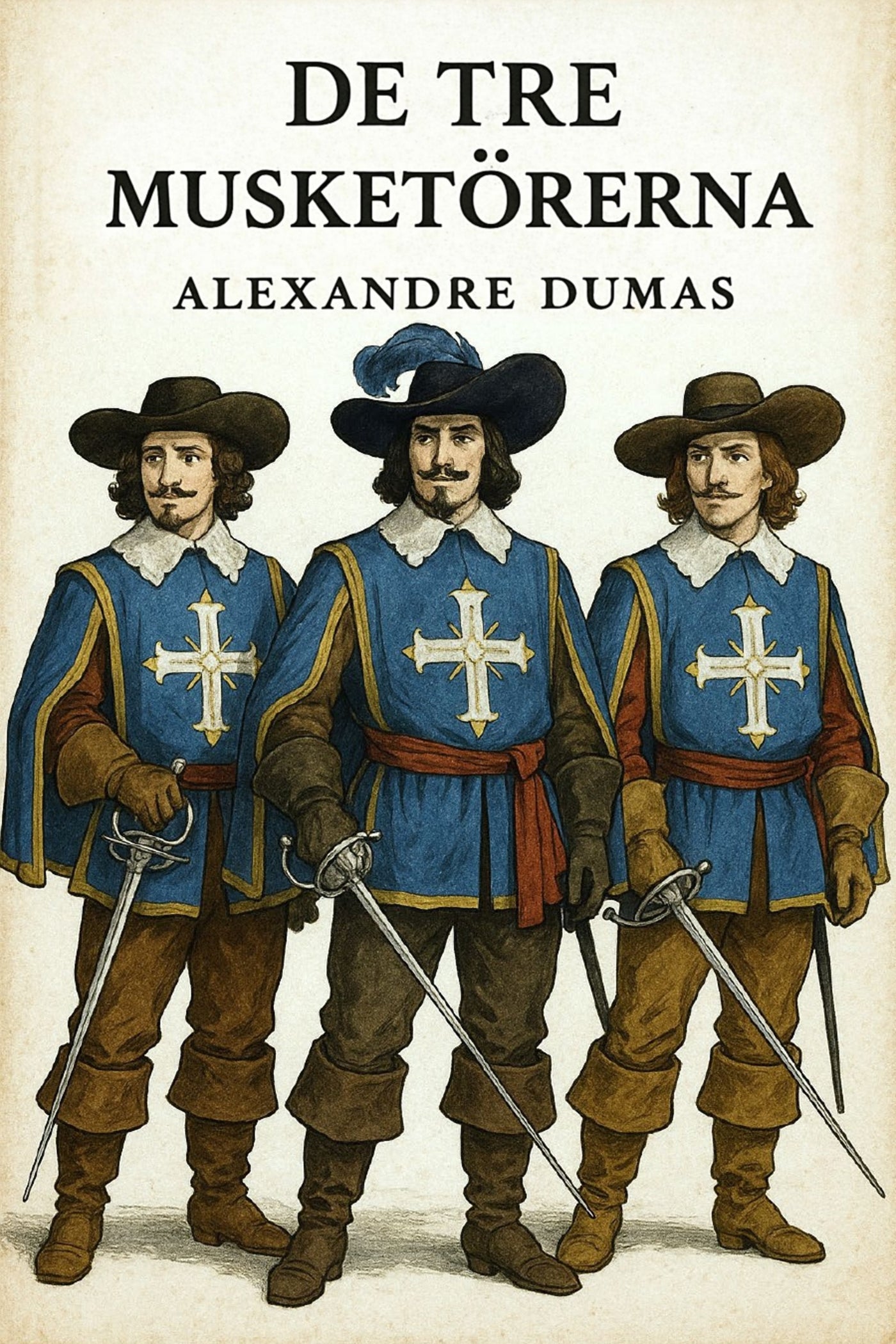 Book cover of 'De tre musketörerna' by Alexandre Dumas featuring three men in historical attire.