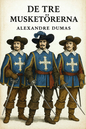 Book cover of 'De tre musketörerna' by Alexandre Dumas featuring three men in historical attire.