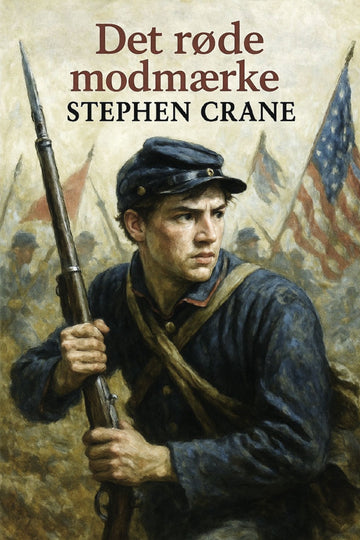 Book cover of 'Det røde modmærke' by Stephen Crane featuring a soldier holding a rifle with flags in the background.