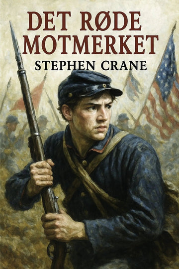 Book cover of 'Det røde motmerket' by Stephen Crane featuring a soldier holding a rifle.