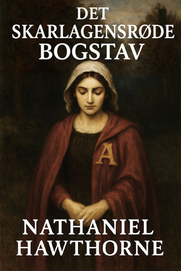 Book cover of 'Det skarlagensrøde bogstav' by Nathaniel Hawthorne with a woman in a red cloak and hood.
