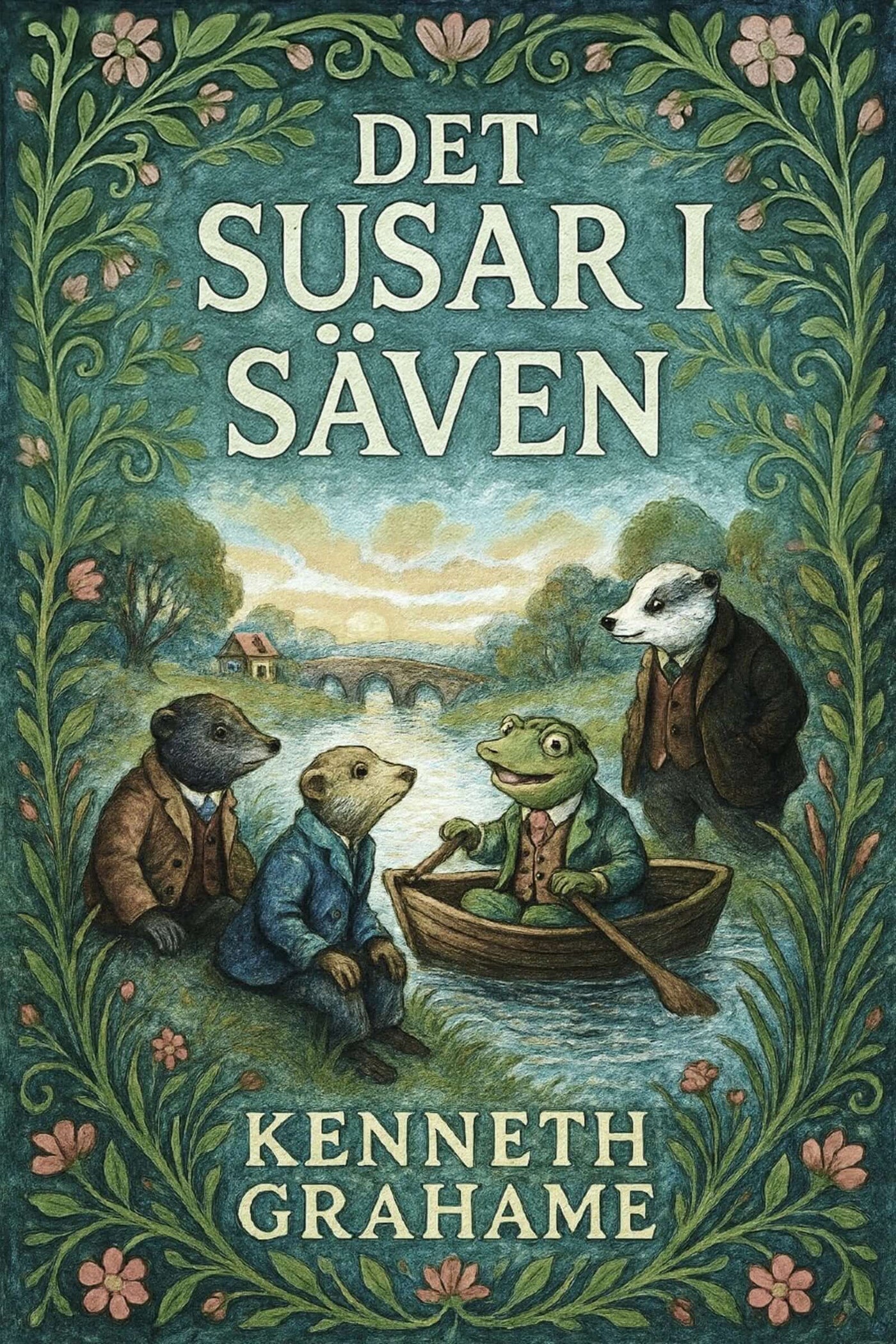 Book cover of 'Det susar i säven' by Kenneth Grahame with animals in a boat and decorative border.