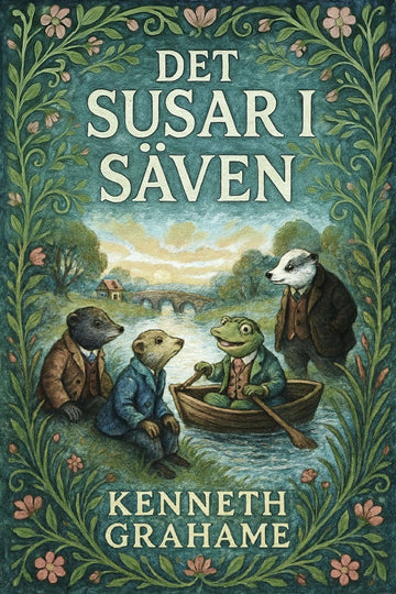 Book cover of 'Det susar i säven' by Kenneth Grahame with animals in a boat and decorative border.