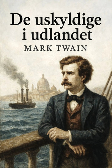 Book cover for 'De uskyldige i udlandet' by Mark Twain, featuring a painted portrait of Mark Twain in a dark suit leaning on a railing, with a ship and domed building in the background.