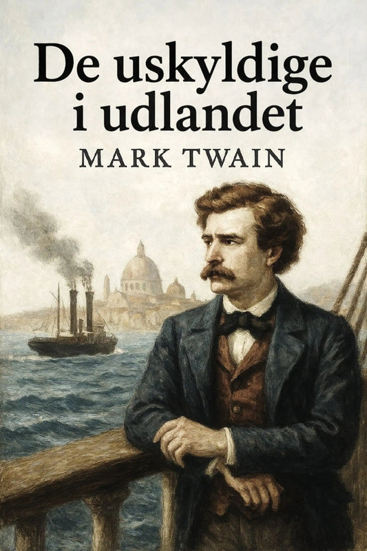 Book cover for 'De uskyldige i udlandet' by Mark Twain, featuring a painted portrait of Mark Twain in a dark suit leaning on a railing, with a ship and domed building in the background.