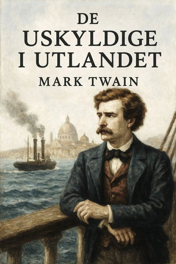 Book cover of 'De uskyldige i utlandet' by Mark Twain with a historical illustration of a man on a ship.