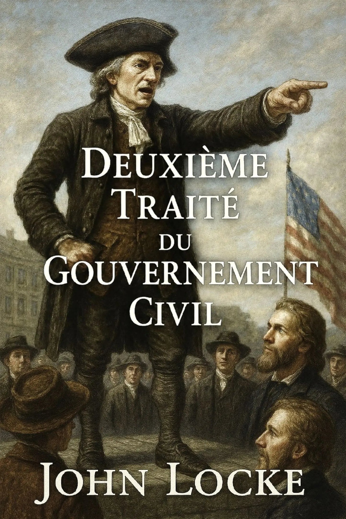 Book cover for 'Deuxième traité du gouvernement civil' by John Locke, featuring a historical painting of George Washington pointing outward, with an American flag and a crowd in the background.